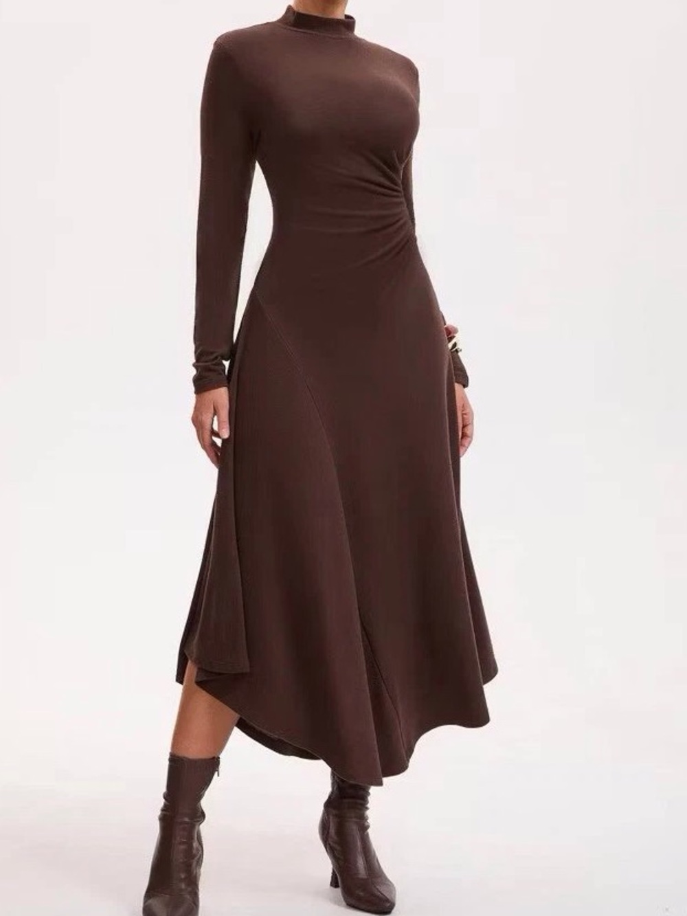 Twist-Waist Brown Long-Sleeve Midi Dress